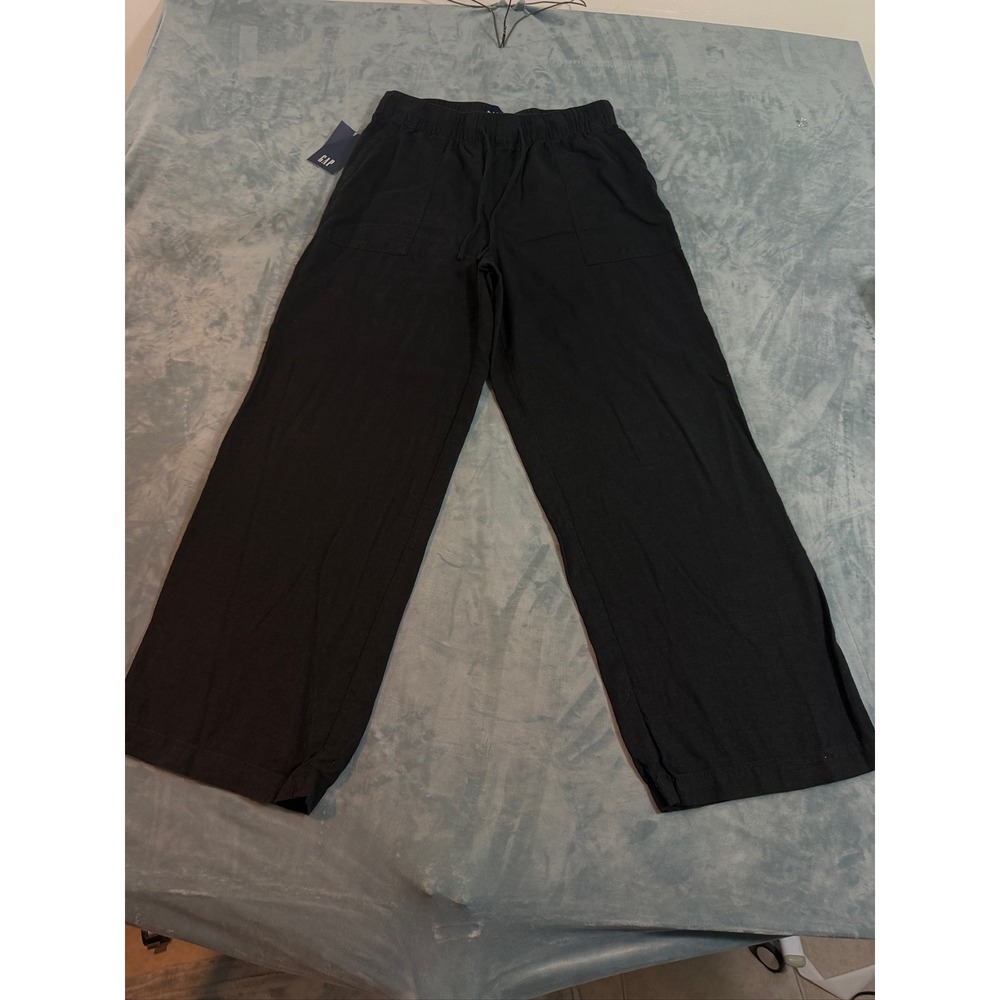 Gap Womens Black Linen Blend Wide Leg Elastic Waist Drawstring Pants Size M NEW